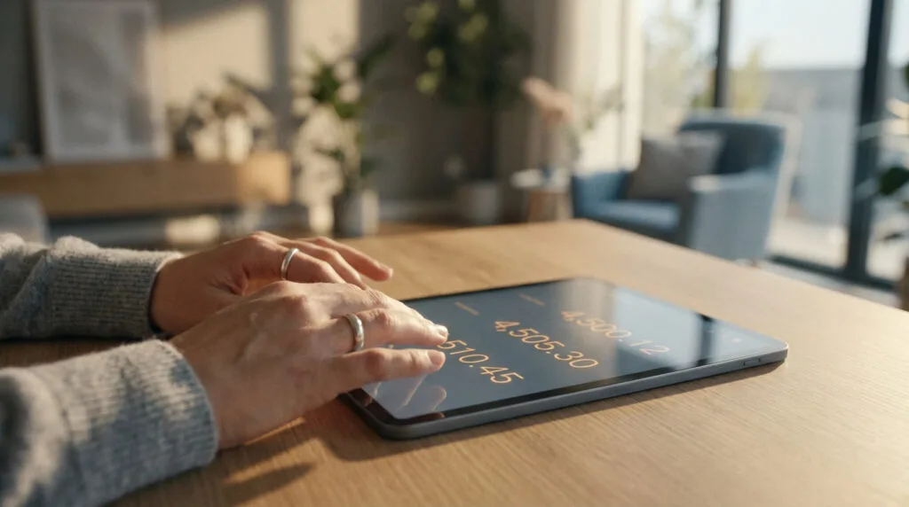 Hands on tablet showing amber financial figures, with a blurred, sunlit modern home interior in the background.