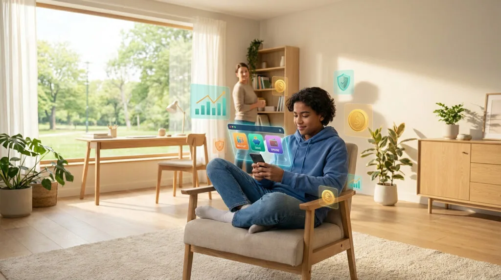 Teenager uses a banking app on a smartphone, surrounded by holographic financial data and security symbols, in a bright, modern room.