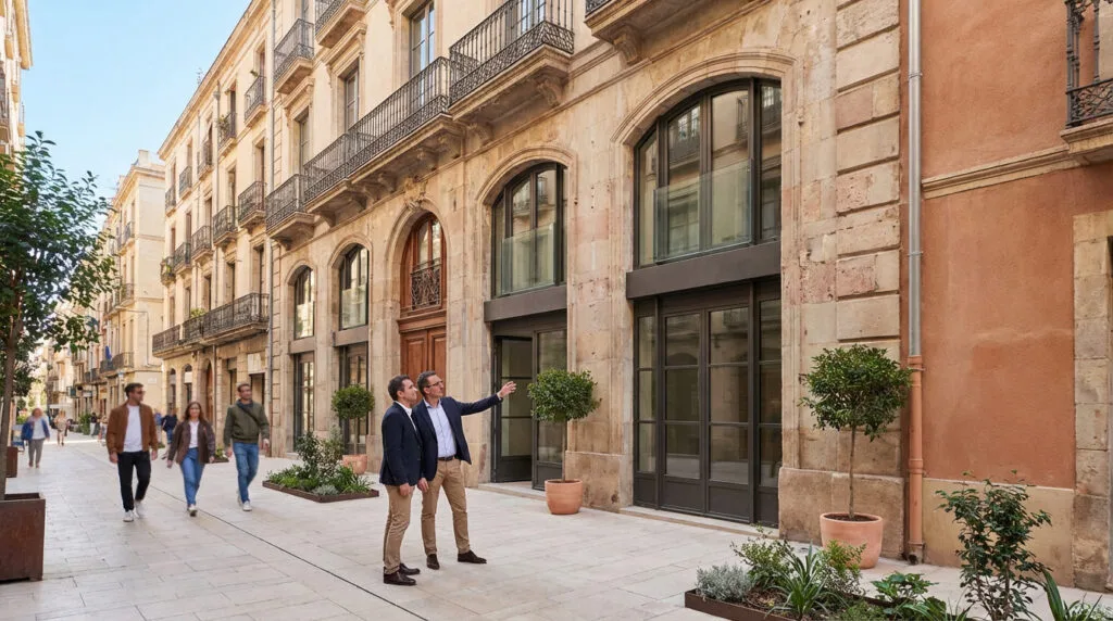 Two men discuss a beautifully renovated building on a sunlit French street with pedestrians and green landscaping, reflecting urban renewal.