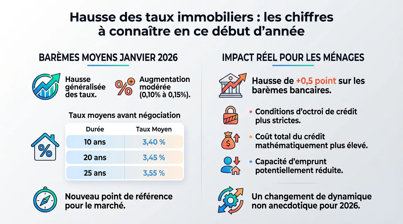 Graphique montrant l'évolution à la hausse des taux immobiliers début 2026