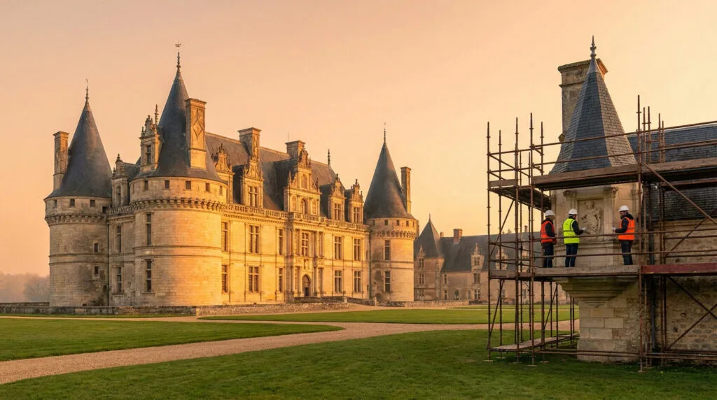 Majestic French château at sunset, with scaffolding on a turret where workers inspect restoration. Golden light illuminates stone.