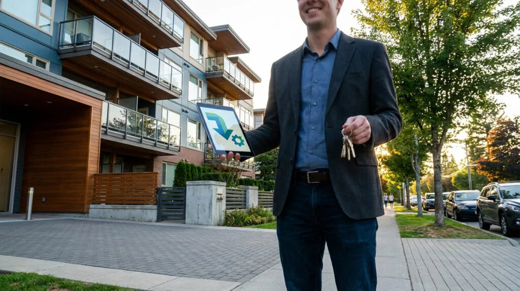 Man in smart casual with tablet showing financial optimization graphic and keys, standing before a modern apartment building.