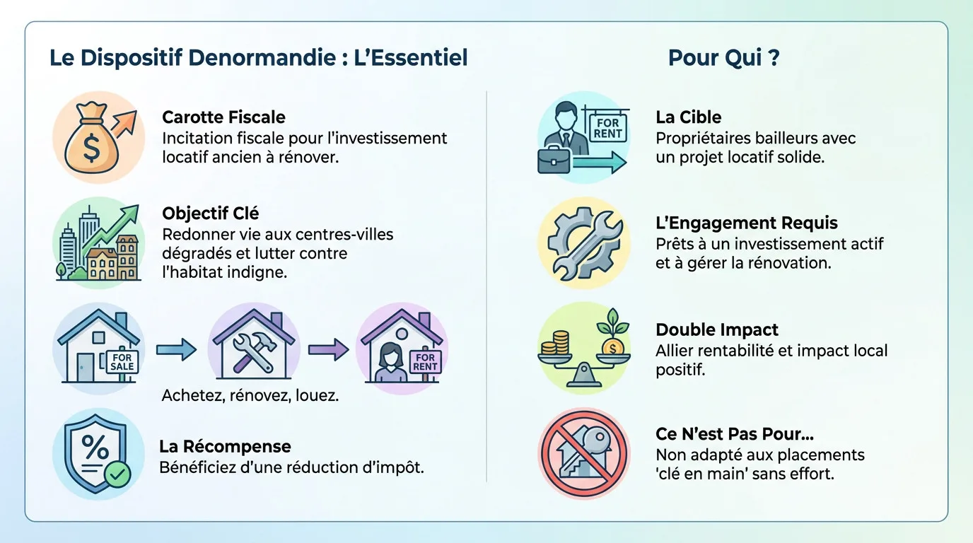 Infographie résumant les points clés de la loi Denormandie pour l'investissement locatif
