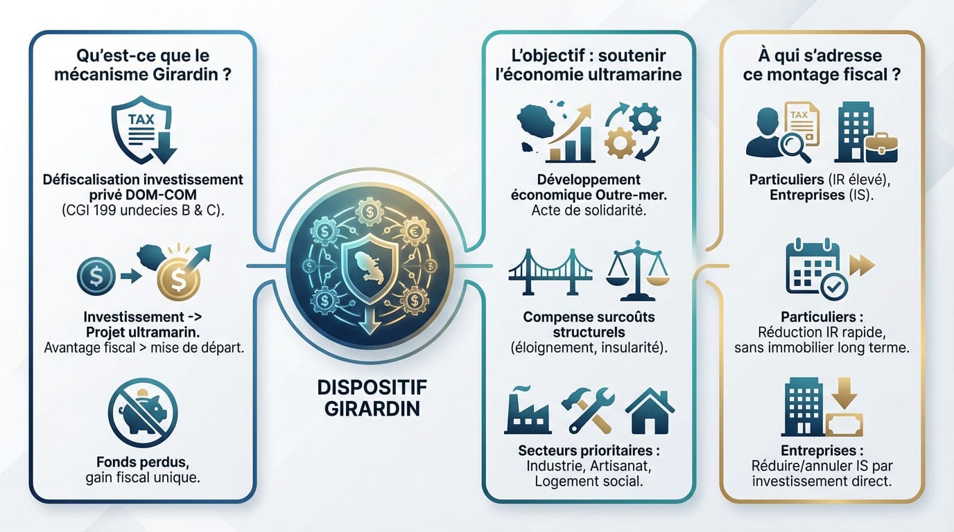 Schéma explicatif du mécanisme de défiscalisation Girardin, ses objectifs économiques et ses cibles fiscales