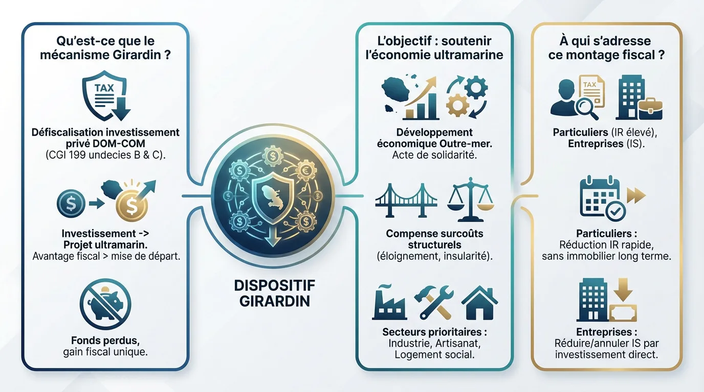 Schéma explicatif du mécanisme de défiscalisation Girardin, ses objectifs économiques et ses cibles fiscales