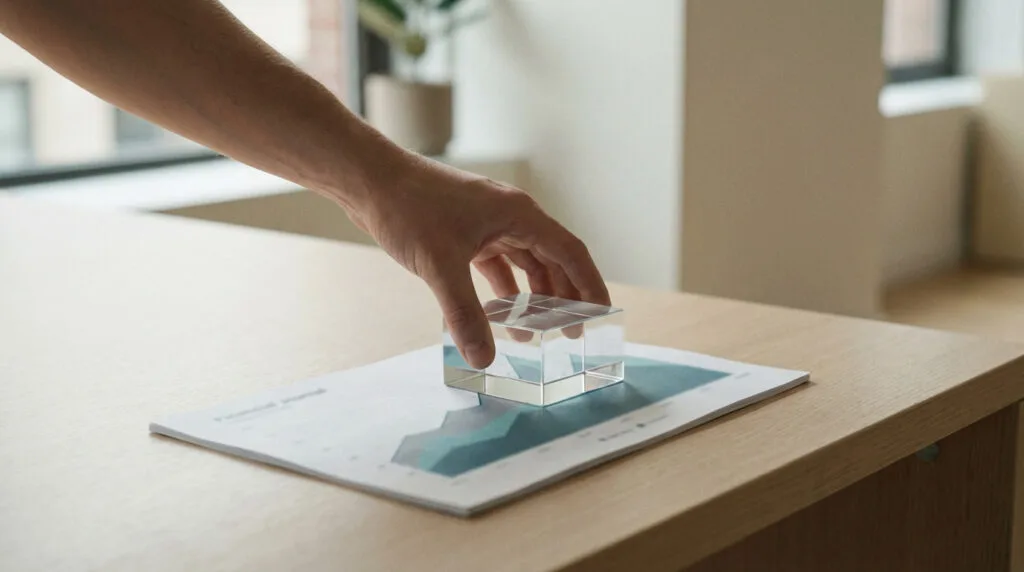 Main posant un bloc de verre sur un graphique financier stylisé, symbolisant la stabilisation. Ambiance calme et professionnelle.