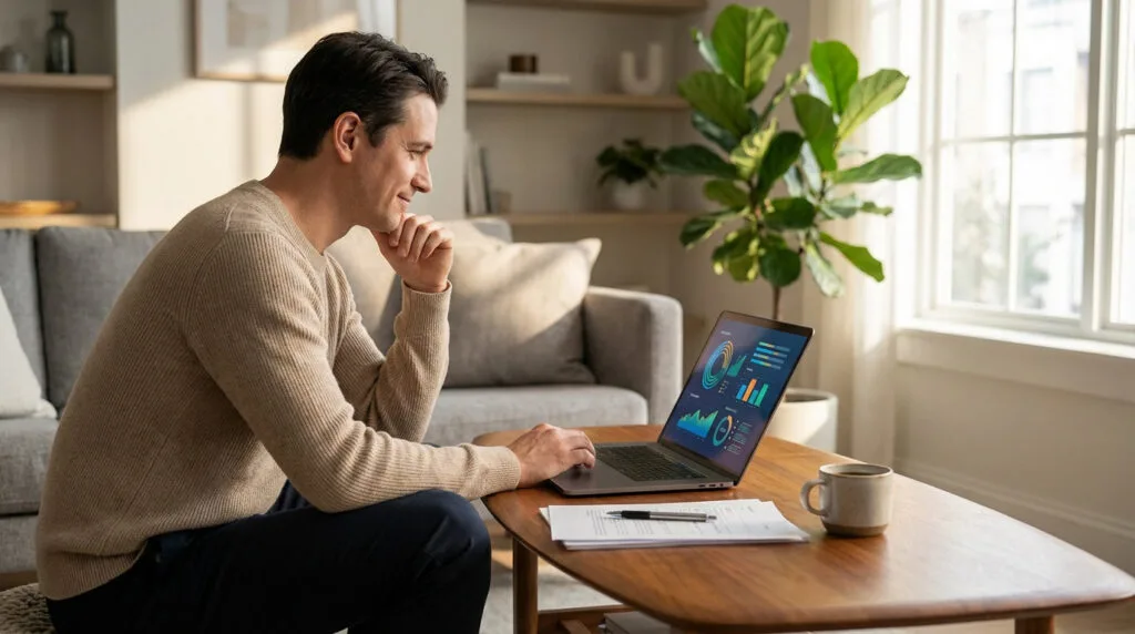 Man in smart casual attire thoughtfully reviews financial charts on a laptop in a modern, sunlit apartment. Documents and coffee on table.