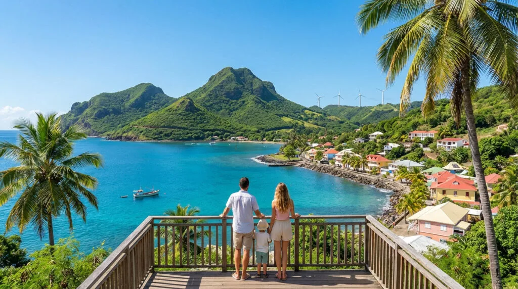Family on balcony overlooks vibrant tropical bay with colorful houses, lush mountains, wind turbines, symbolizing prosperity.